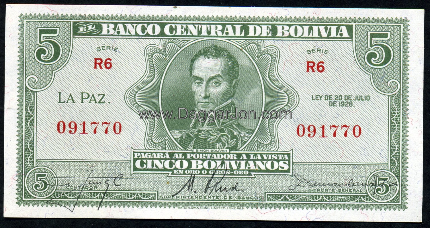 BolivianoHere is a 5 Bolivianos note dated 1928 ...