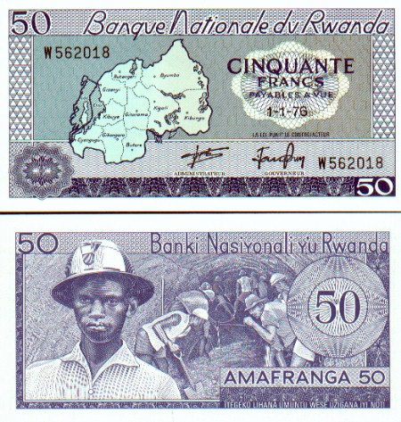 Rwandan francrw 7 50 francs 1 1 1976 map